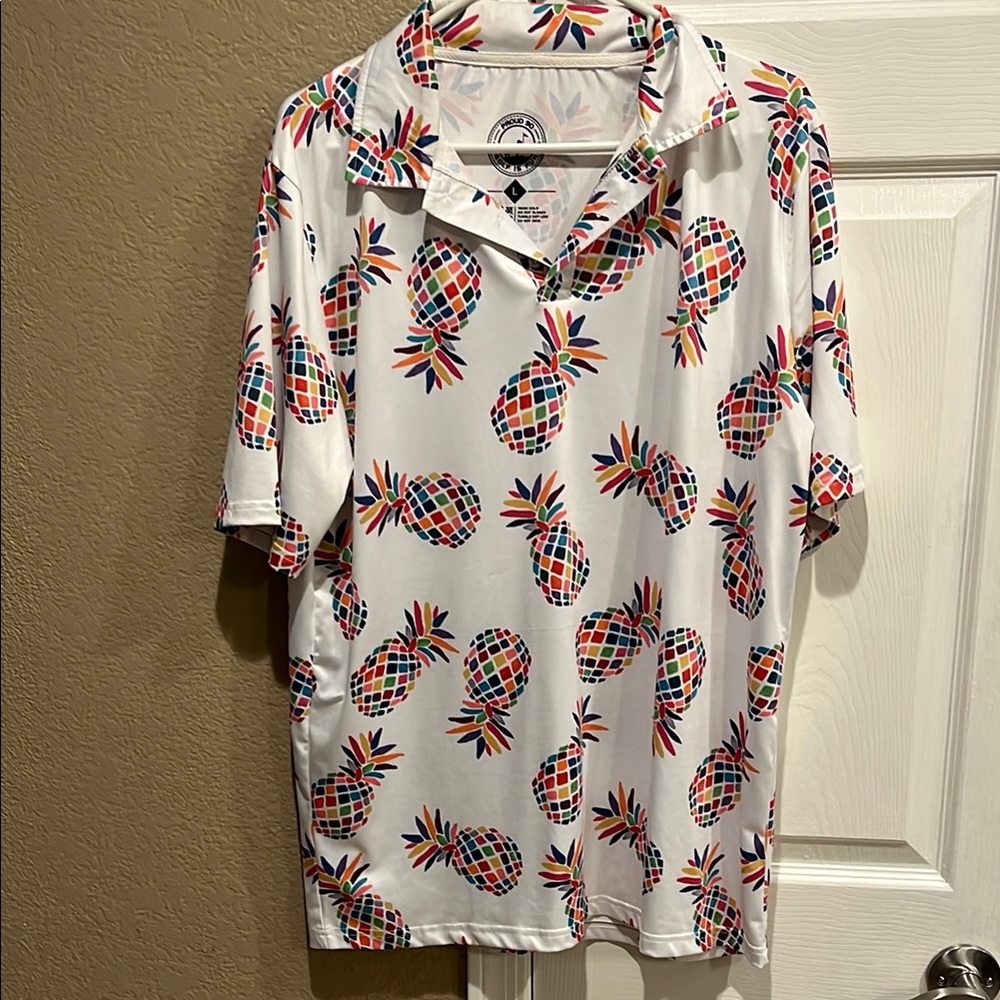 Proud 90 Ninety Men Large Golf Polo Shirt SS White Pineapple Performance Stretch